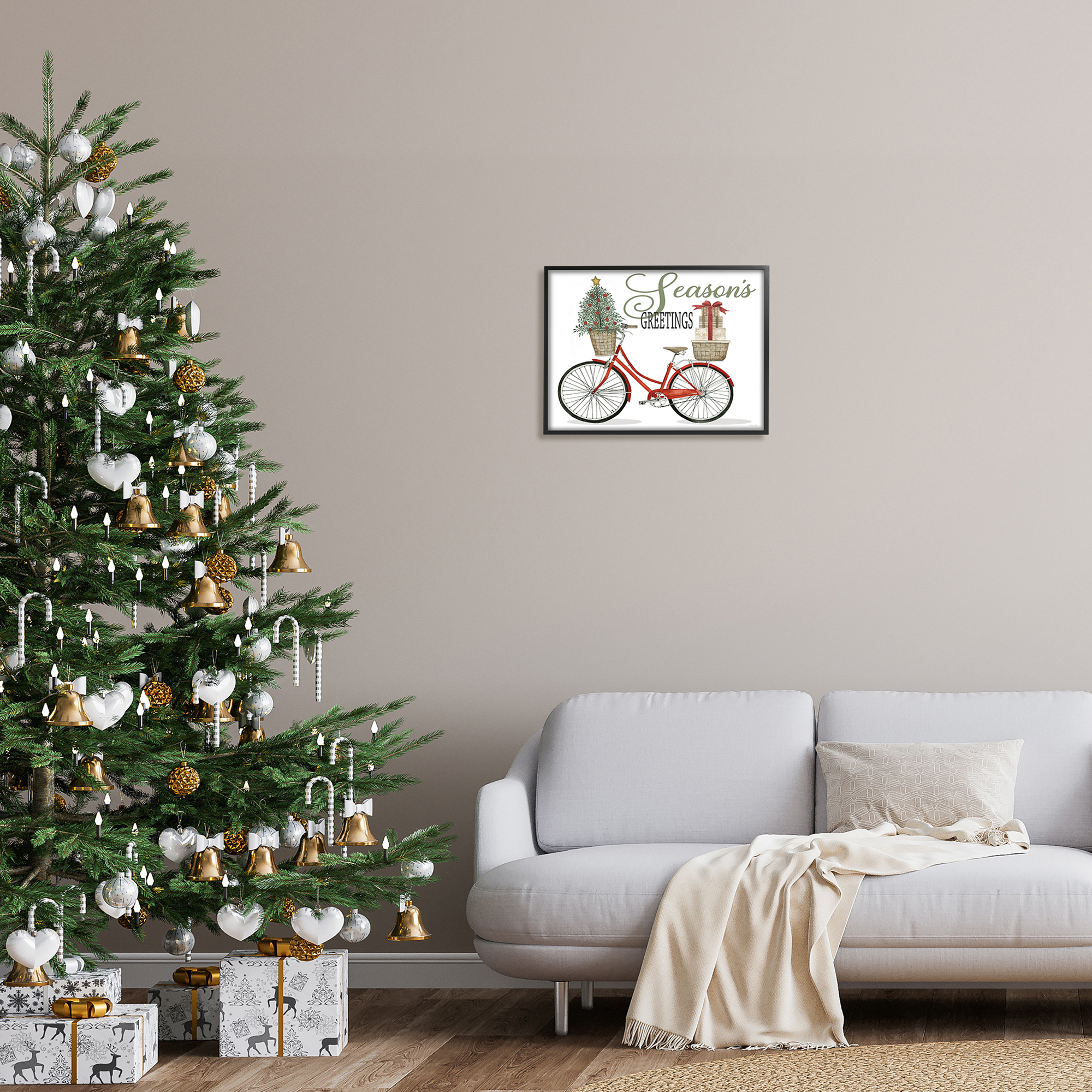 Season's Greetings Festive Holiday Bicycle Gifts Basket Inspirational Graphic Art Framed Art Print Wall Art