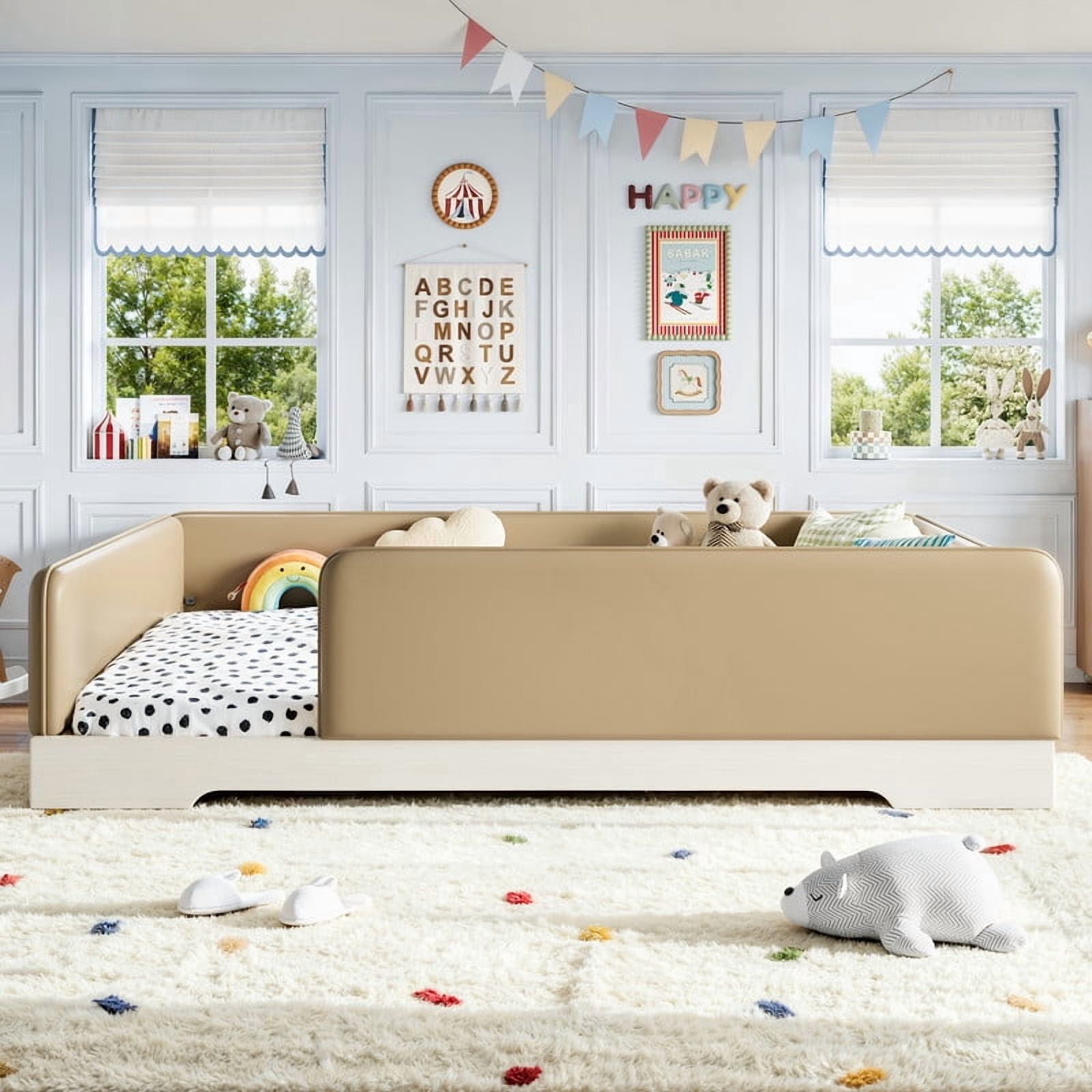 Queen Size Faux Leather Upholstered Floor Bed, Kids Montessori Bed Frame with Removable Guardrail, Low Profile Platform Bed