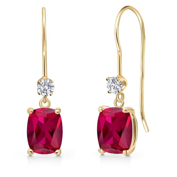 Gem Stone King 14K Yellow Gold Red Created Ruby and Lab Grown Diamond Dangle Earrings for Women | 2.13 Cttw | Gemstone July Birthstone | Cushion 7X5MM