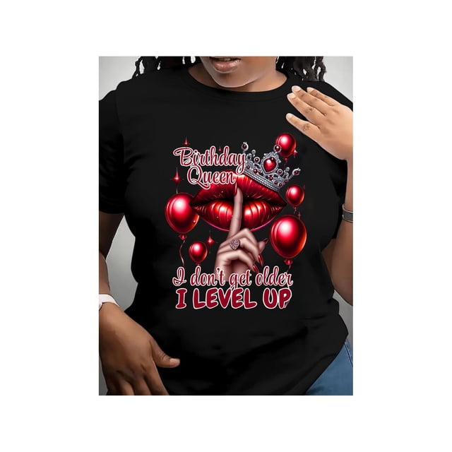 Queen's Birthday Queen Pattern T-Shirt, Cotton Blend, Casual Round-Neck T-Shirt With Balloon And Lip Print, Regular Length, Knitted Fabric, Suitable For All Seasons, Allseason Top