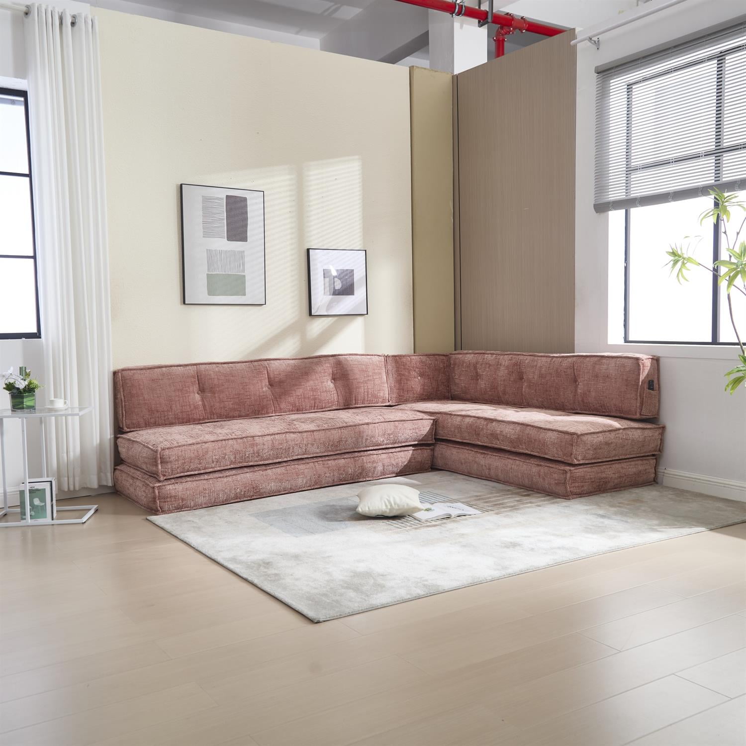 Demi Bonn 78" Versatile Chenille Sectional Sofa with Side Pocket, Modern Couch for Living Room, Customize Layout to Fit Any Space, Pink