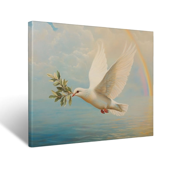 CozyNet Dove Holding An Olive Branch, Descending Over Calm Waters With A Rainbow In The Sky Wall Art Prints With Frame Canvas Perfect for Living Room & Bedroom, Ready to Hang, Wall Decor 12"x16"