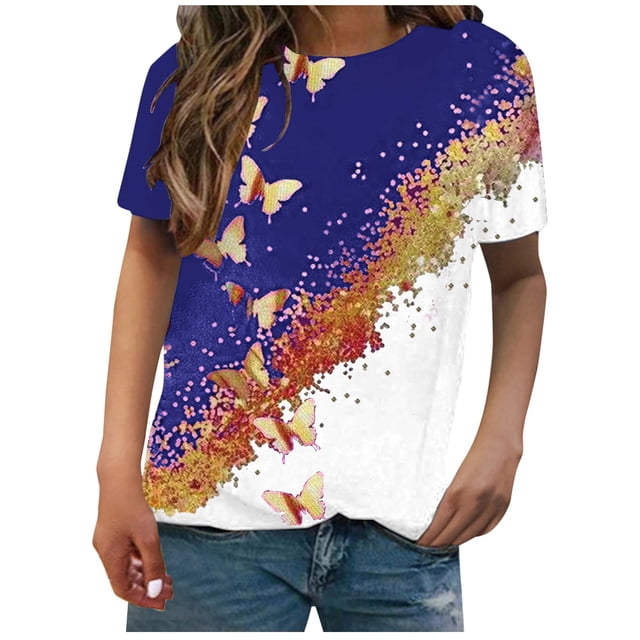 Birdeem Mode Femme Imprimé Papillon Manches Courtes Col Rond Haut Blouses