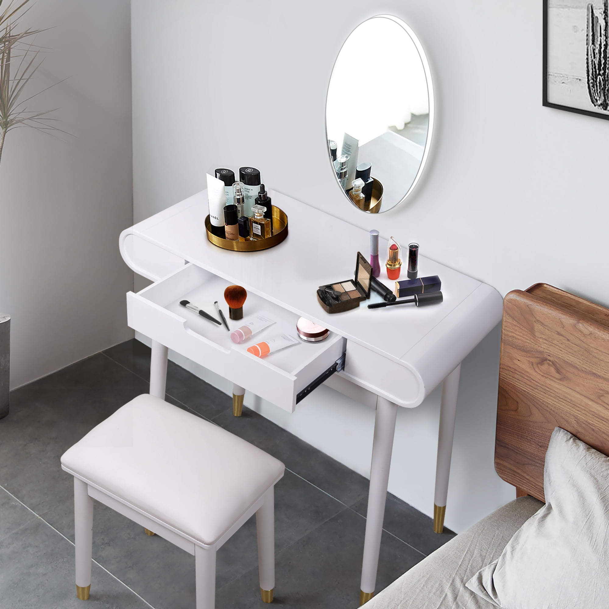 Spaco Oval Makeup Table with Mirror for Bedroom, High Gloss Finish Dressing Table with Solid Stool, White Spaco Oval Makeup Table with Mirror for Bedroom, High Gloss Finish Dressing Table with Solid Stool, White