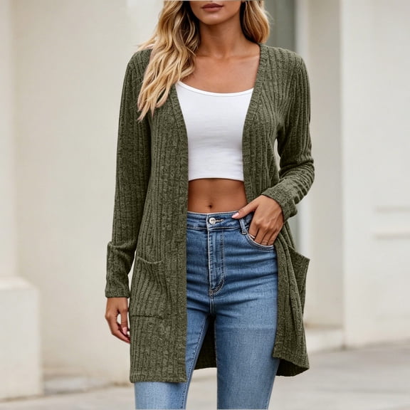 Meichang Ribbed Knit Cardigan Sweaters for Women Open Front Long Sleeve Cardigan Coat Soft Fall Outwear with Pockets