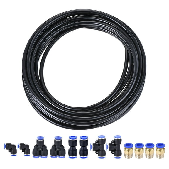 Uxcell PU Tubing Kit 8mm OD 10M Black with 12 Pcs Blue Push to Connect Fittings