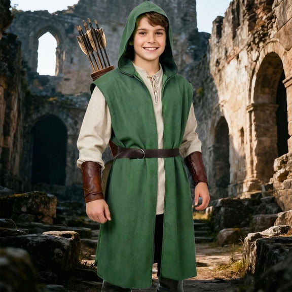 Halloween Fantasy Archer Tunic with Hood and Belt for Themed Party Dress Up Clothes Role Play and Pretend Play Outfit for Kids and Adults