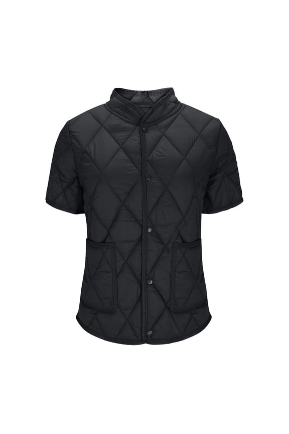 Quilted Short Sleeve Jacket Women - Button up Casual Warm Cotton Padded Coats - Thick Loungewear Winter Outerwear with Pockets Black XXL