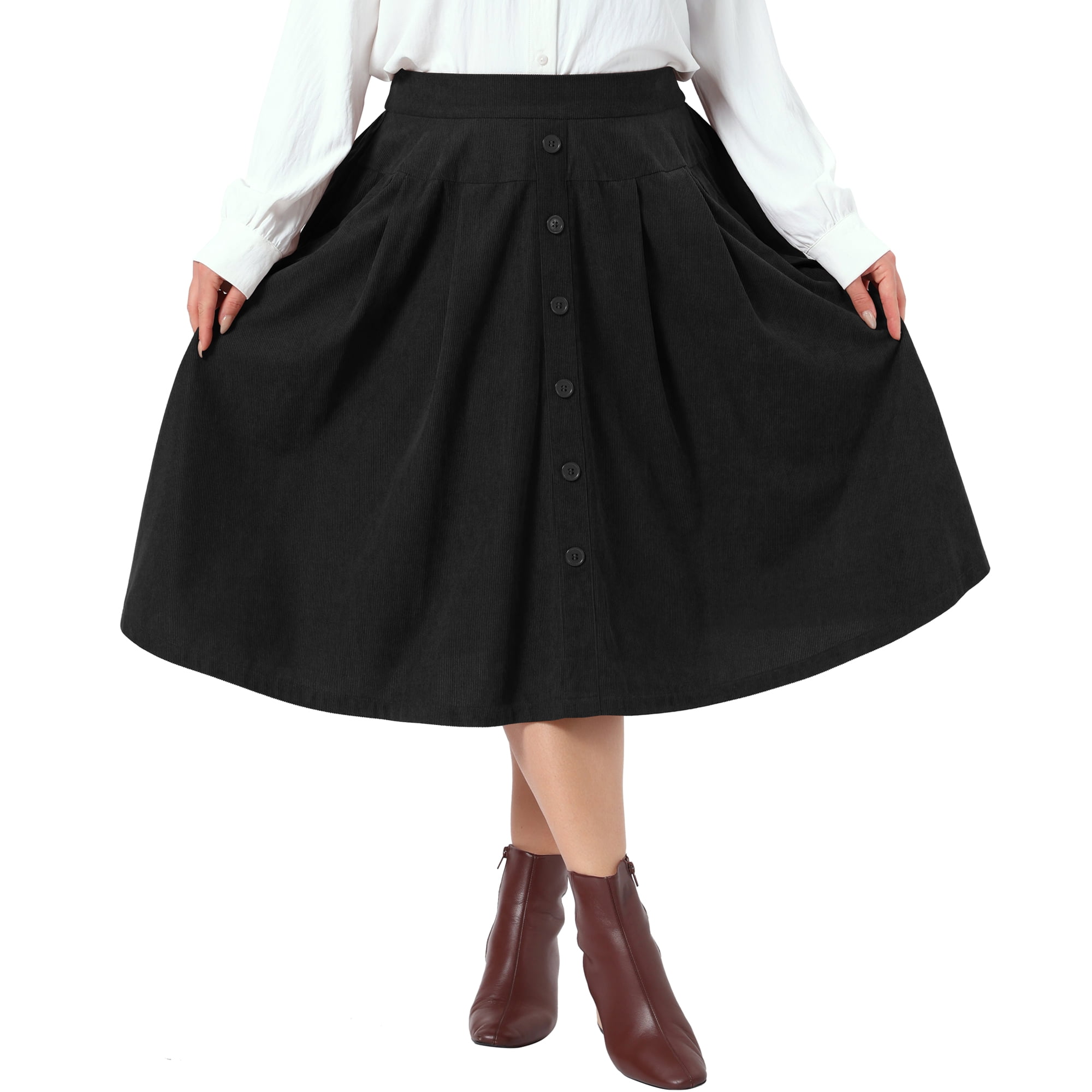 DARING DIVA Women's Plus Corduroy Midi A-line Soft Corduroy Skirt 1X Black
