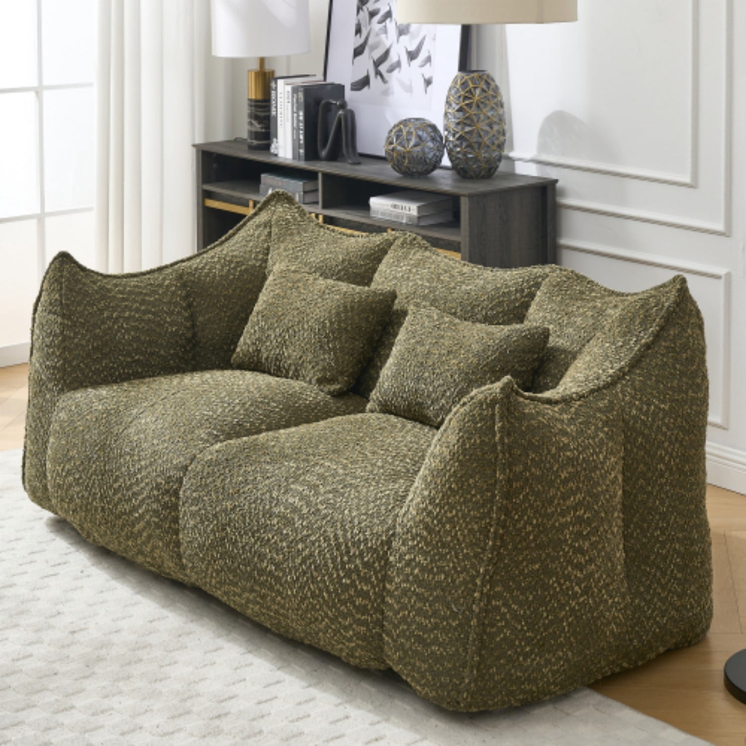 Oversized Bean Bag Chair for 2 People, Soft Chenille Square Floor Sofa with High Resilience Foam Core, Armless Lounge Recliner for Living Room, Bedroom, Gaming & Reading Room, Olive Green
