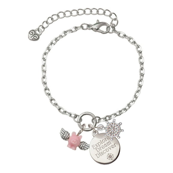 Delight Jewelry Silvertone Mini Pink Flying Pig Silvertone Discover Dream Explore Zoey Charm Bracelet, 6.5 2" Extender