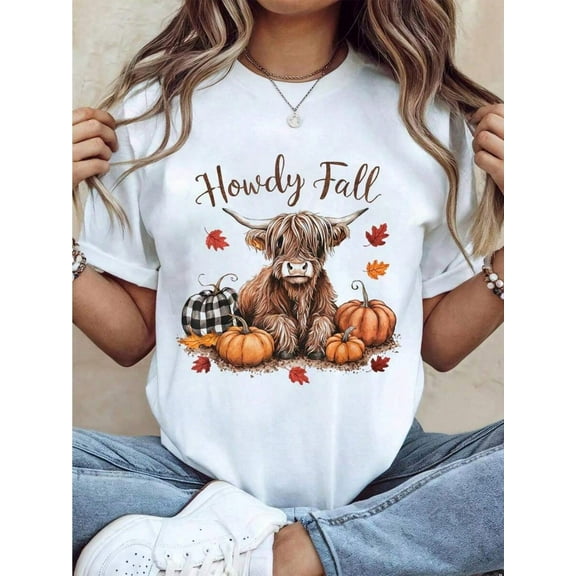 100% Cotton Thanksgiving Graphic Women T Shirt Howdy Fall Highland Cow Happy Thanksgiving Autumn Vibes Fall T-Shirt