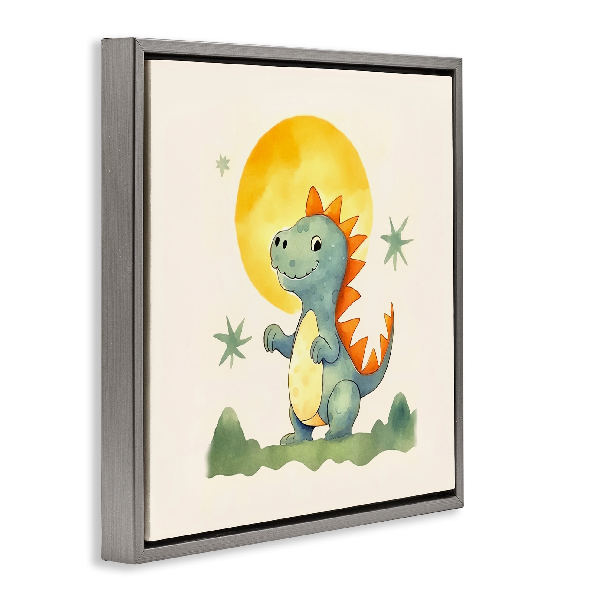 Stupell Industries Dino Under Moonlight Animals Painting Gray Floater Framed Canvas Art Print Wall Art, 25 x 25