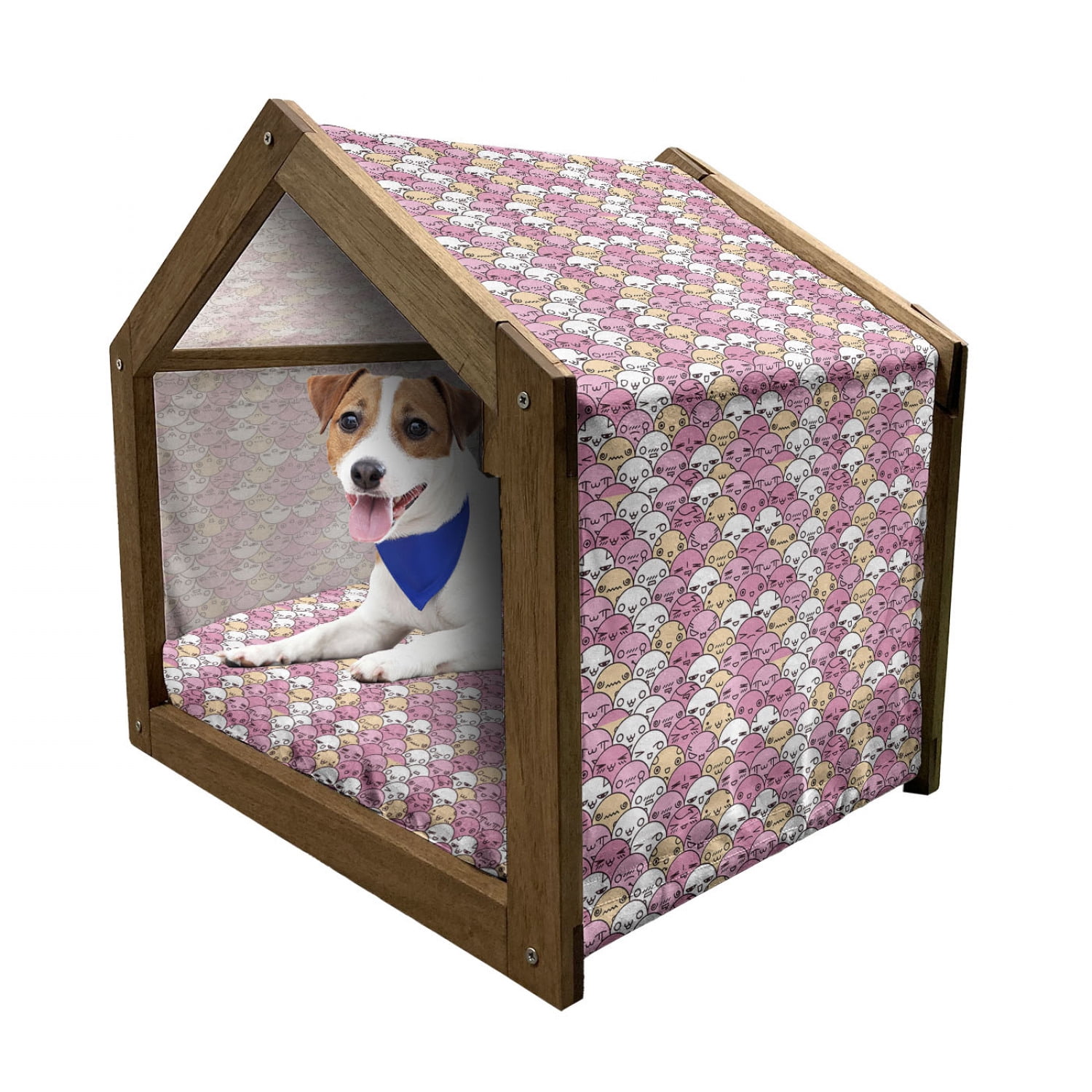 Floral Patterned Wooden Dog House with Canopy and Pillow