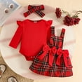 thumbnail image 2 of WRKEKC Toddler Girls Winter Outfits Plaid Print Bow Decor Suspender Skirt Set with Ruffle Long Sleeve Ribbed Bodysuit and Headband 3 Piece Set for Babies 0 - 18 Months, 2 of 9