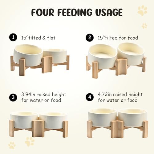 15° Slanted Ceramic Dog and Cat Bowl with Wooden Stand, Tilted Bulldog Food and Water Bowl No Slip Non-Spill for Cats Medium Dogs Big Face Pets 28.7 OZ (3.6 Cups, Beige × 2)