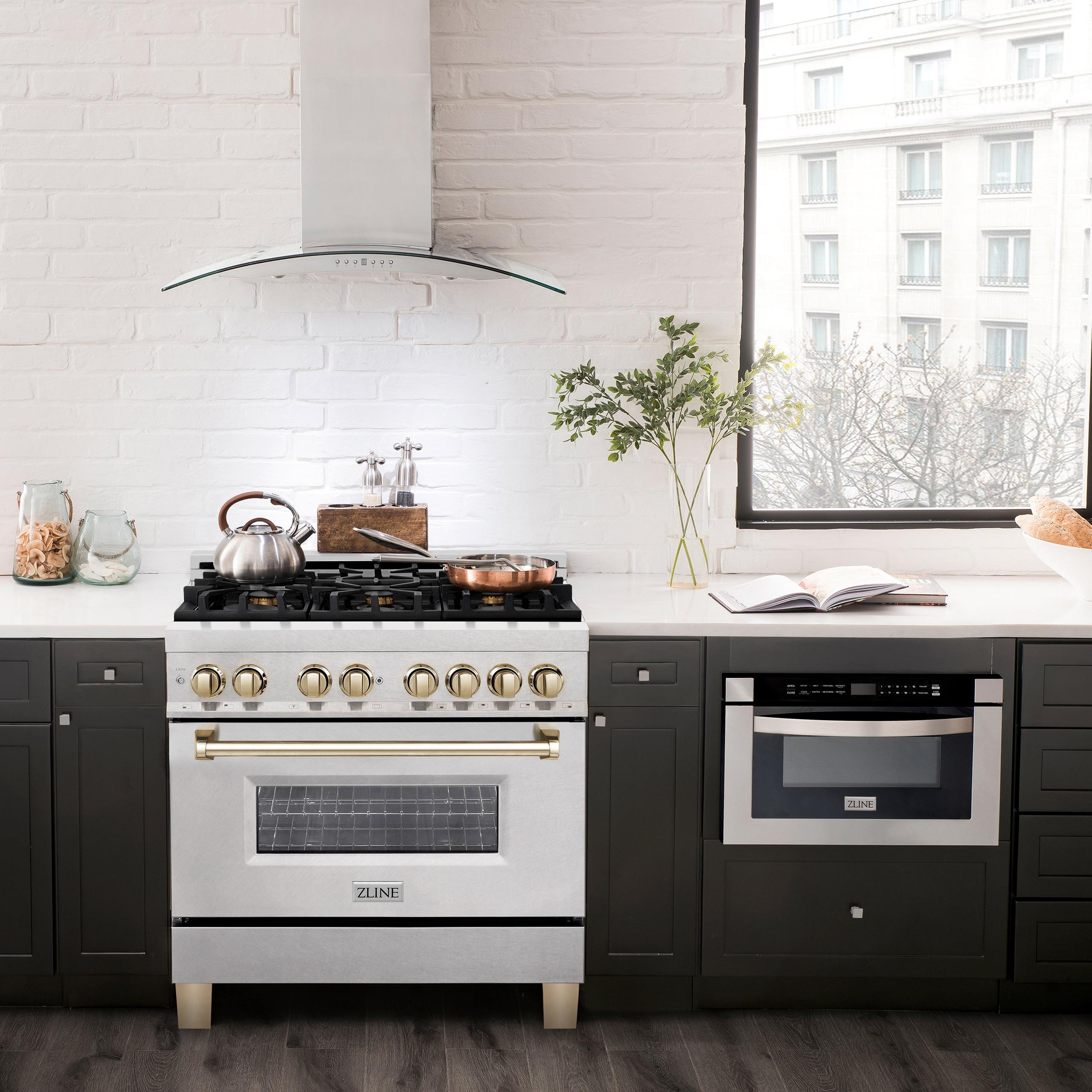 ZLINE 36 in. Autograph Edition Dual Fuel Range in DuraSnow Stainless Steel with Gold Accents (RASZ-SN-36-G)