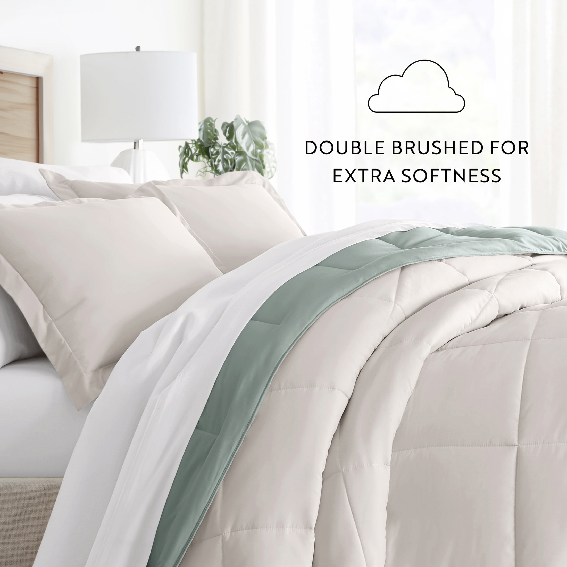 Noble Linens Soft 3-Piece Eucalyptus & Natural Reversible All Season Lightweight Down Alternative Comforter Set, Full/Queen