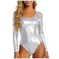 thumbnail image 3 of larppty Women's Shiny Metallic U Neck Long Sleeves Gymnastics Ballet Dance Leotard Bodysuit（Silver， M）, 3 of 9