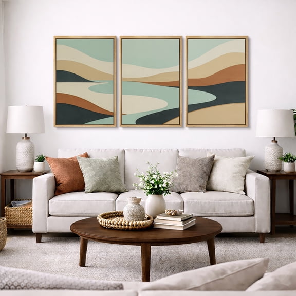 Framed Canvas Print Abstract Landscape Wall Art Set of 3 Mid-Century Modern Decorative for Living Room Bedroom - 16"x24"x3 NATURAL