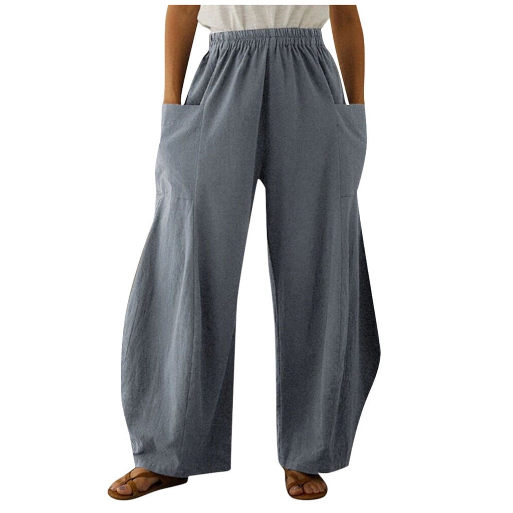 Women Plus Size Casual Wide Leg Pants Palazzo Workout Yoga Pents Elastic Waist Cotton Linen Trousers 