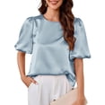 thumbnail image 2 of Women'S Satin Silk Blouses Puff Short Sleeve Dressy Casual Tops Loose Fit Crew Neck Cropped Shirts Light Blue M, 2 of 10