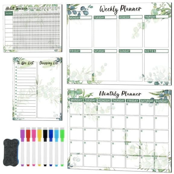 sixwipe 4 Pcs Magnetic Planner Whiteboard with 8 Markers and 1 Eraser, Fridge Calendar Set, Monthly Weekly Planner Whiteboard, Shopping List White Board