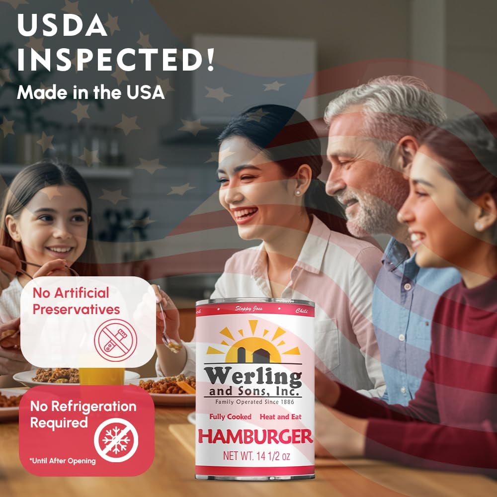 Werling & Sons Canned Hamburger 14.5 Oz – Fully Cooked Ground Beef, Heat & Serve | 5-Year Shelf Life | Ideal for Emergency, Survival, Camping & Quick Meals | Pack of 6