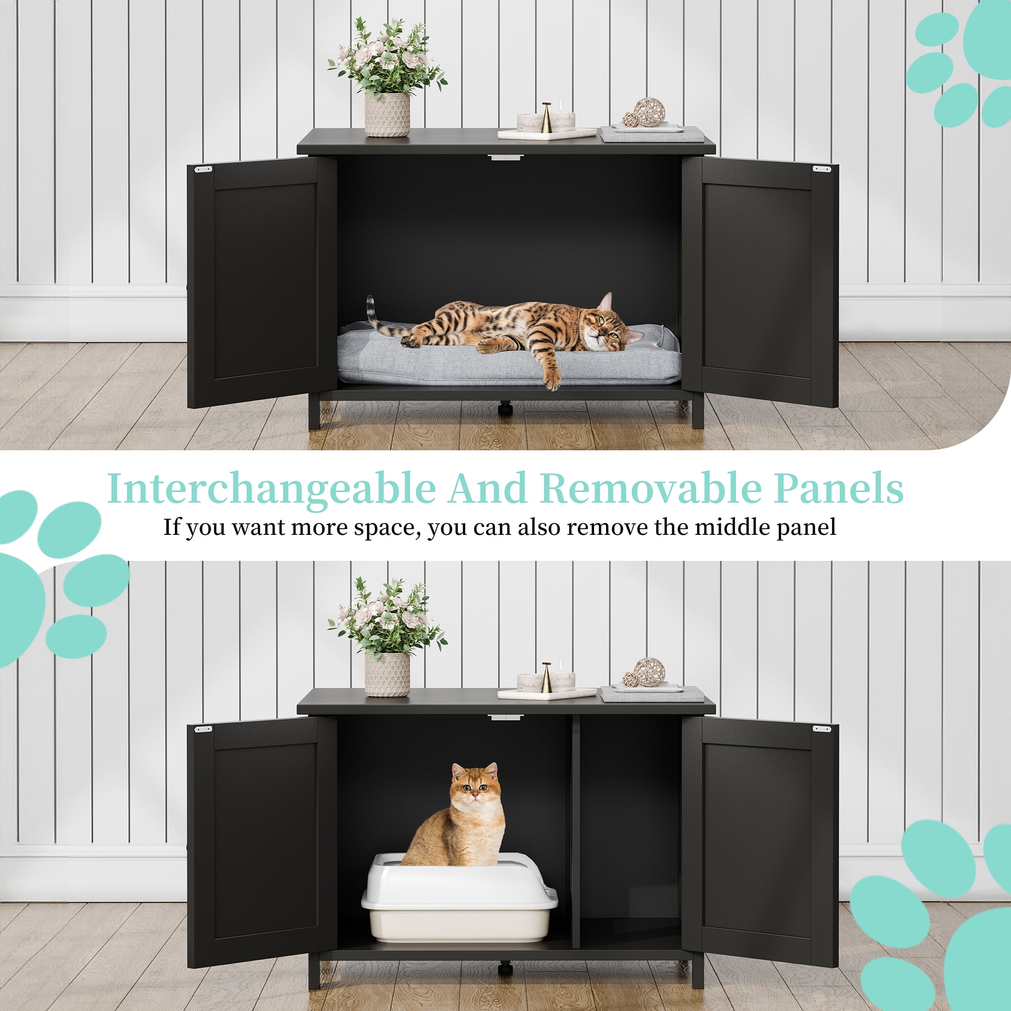 Walsunny Hidden Cat Litter Box Cat Washroom with Double Removable doors and Divider Indoor for Living Room Black