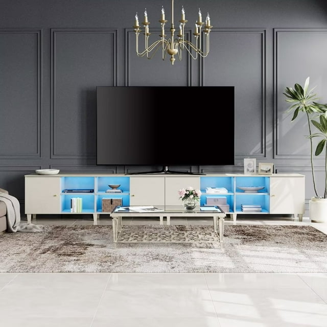 WAMPAT Set of 2 Mid-Century TV Stand with Blue LED Light,Modern Entertainment Center with Door Storage and Open Shelf for up to 100 Inch TV, TV Console Table for Living Room