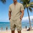 thumbnail image 4 of Men's 2 Pieces Linen Set Lace up Henley Shirt Short Sleeve and Medieval Viking Pirate Shorts Summer Beach Yoga Matching Outfits Big and Tall Size S-3XL Khaki, 4 of 9