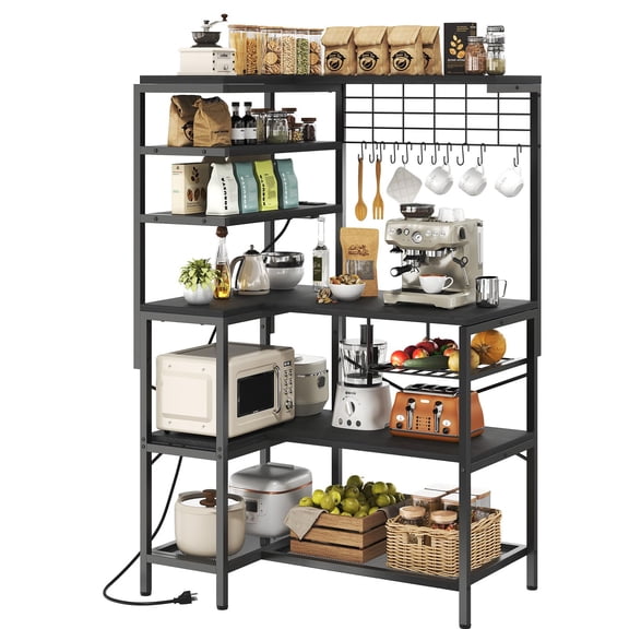 Black L-Shaped Bakers Rack with Power Strip, 6-Tier Kitchen Storage Shelf
