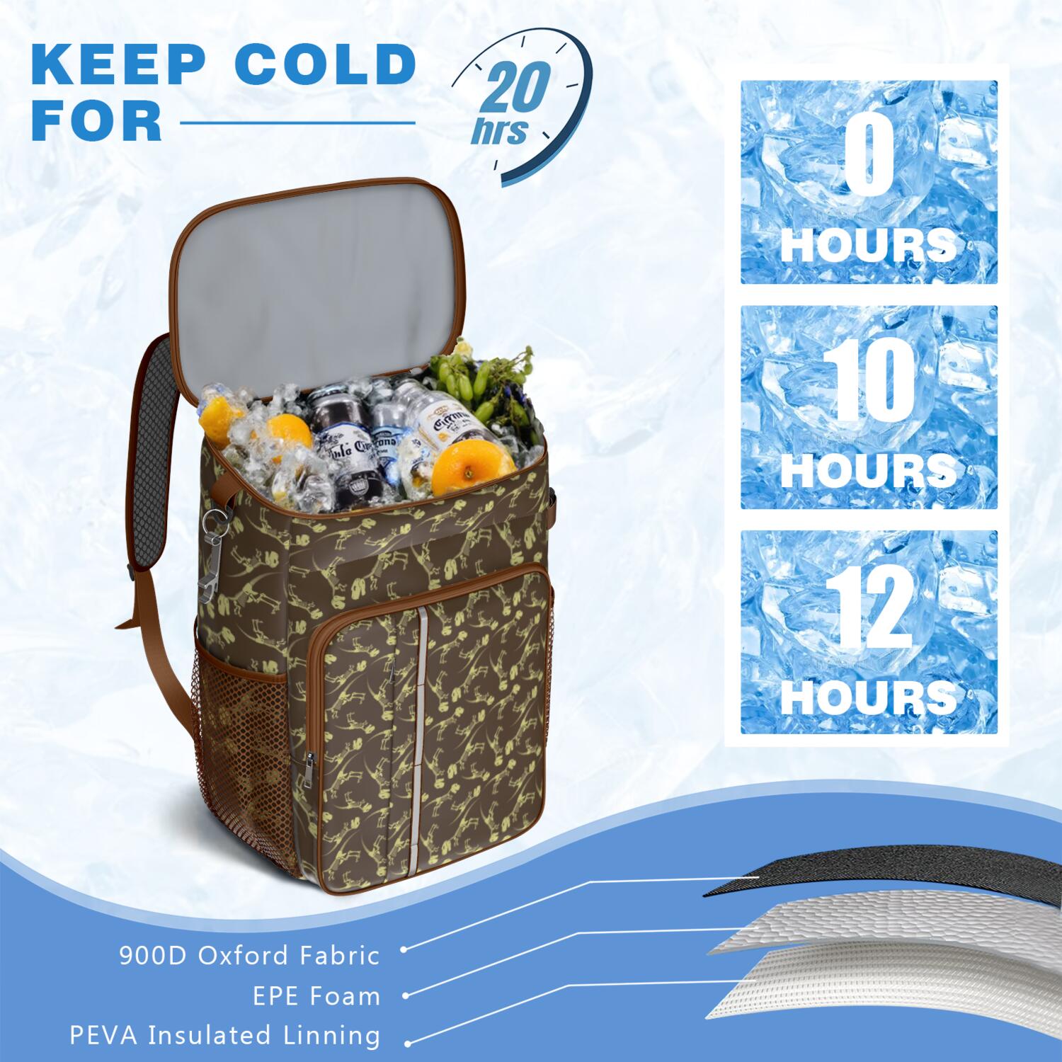 Travel Cooler Bag - Brown Yellow Dinosaurs Fossils Pattern Camping Beer Cooler Backpack with Bottle Opener- Waterproof Insulated Picnic Backpacks - Cooler Bag for Beach