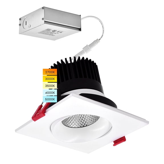 Luxrite Adjustable Square Gimbal LED Recessed Lights, 5 Color Selectable, Dimmable, Wet Rated, ETL Listed