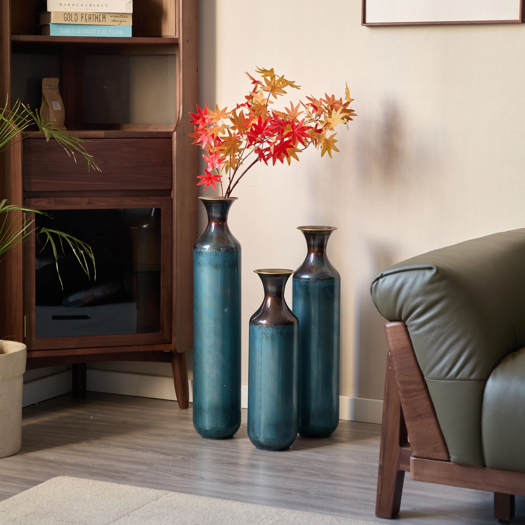 Noble House Set of 3 Torch-Fired Metal Floor Vases, 28.34", 24.4", 20.4" Tall, Aqua Blue
