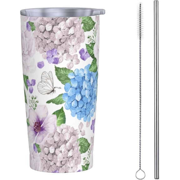 20oz Tumbler With Lid And Straw, Hydrangea Flowers Butterfly Vacuum Insulated Iced Coffee Mug Reusable Travel Cup Stainless Steel Water Bottle
