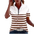 thumbnail image 3 of qolati Women Quarter Zip Henley Shirts Short Sleeve Summer Golf Tops Button Basic Striped Work Shirts Casual Collared Dressy Blouses Brown M, 3 of 6