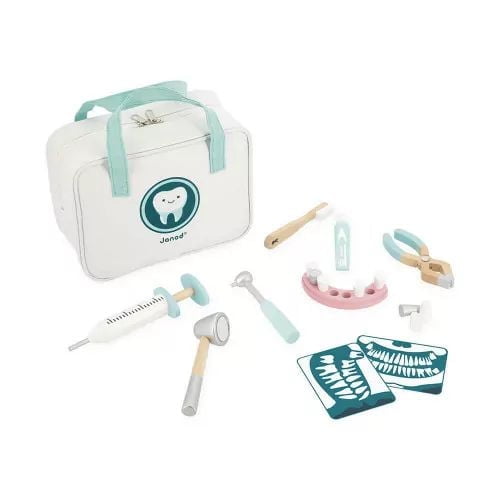 Janod - Mallette de Dentiste - Jeu de Rôle Professionnel - 9 Accessoires en Bois et en Carton Inclus - Stimule l'Imagination - Peintures à Base d'Eau - À Partir de 3 Ans