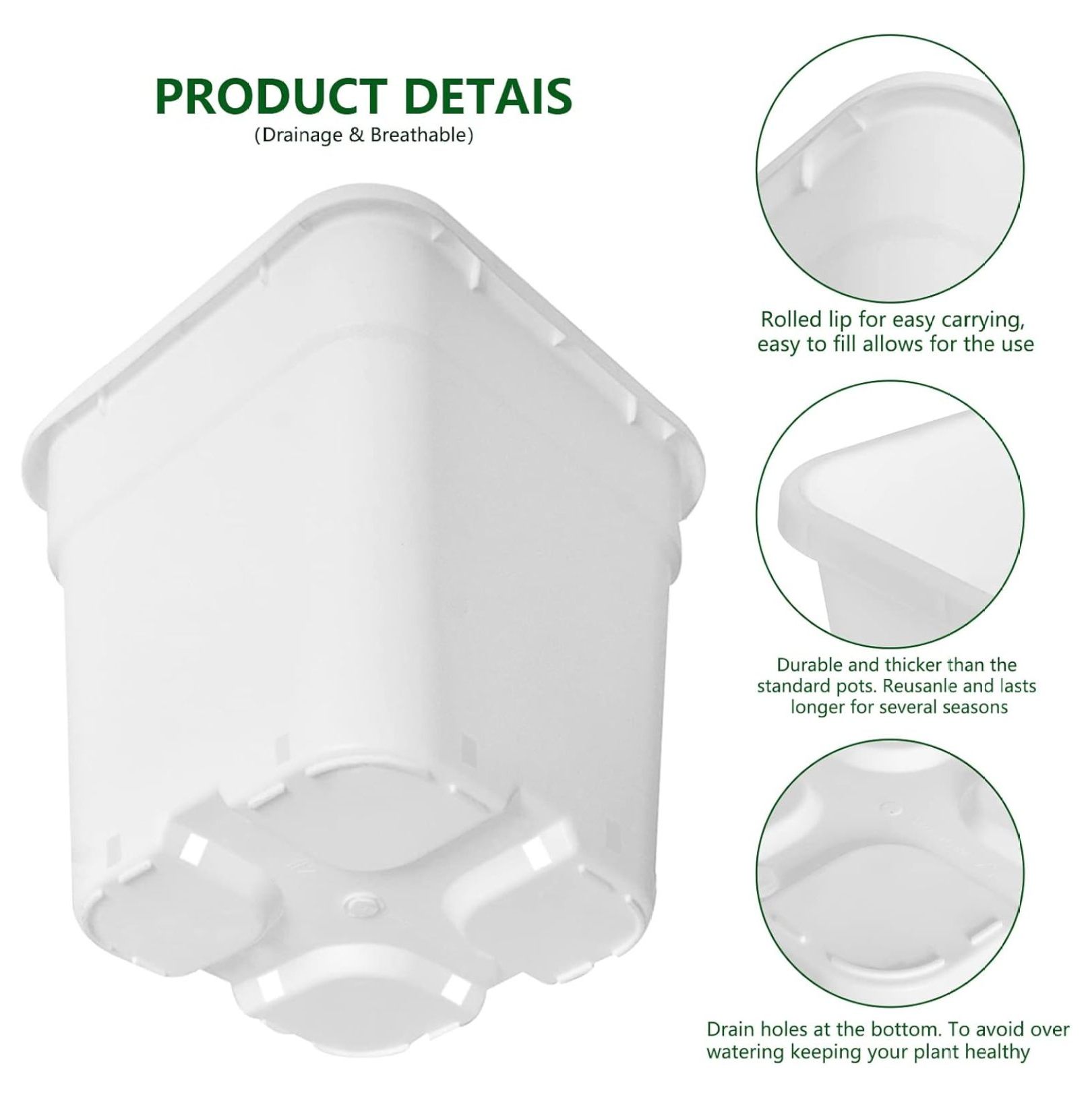 10-Pack 5 Gallon Square Planter Nursery Pots, Flower Plant Container Injection Molded Plastic Pots Gardening, , White, Does Not Apply, Square-5Gallon-10pcs