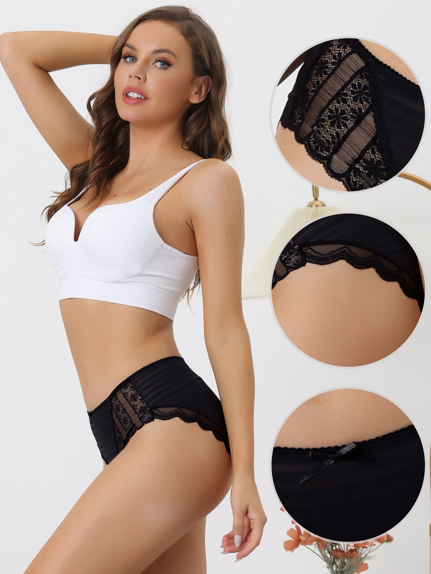 Unique Bargains Women's Lace Full Coverage Stretchy Thin Breathable Striped Knickers 2XL Black