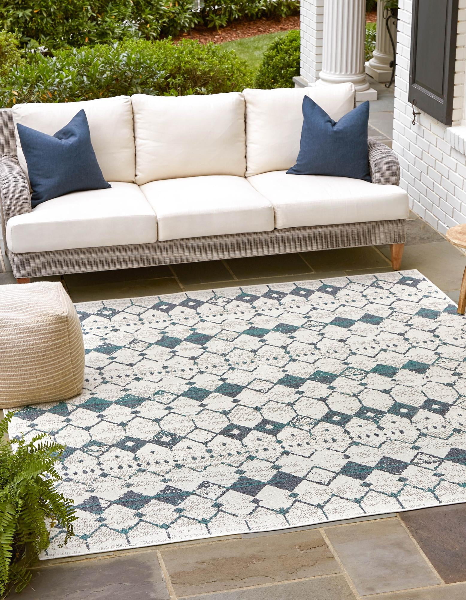 Outdoor Lattice Collection Rug 8 Ft Square Ivory Flatweave