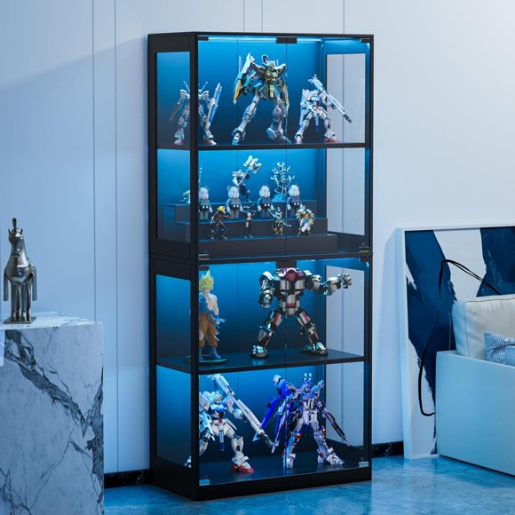 Slsy Glass Display Cabinet with Doors, 4-Tier Curio Shelf with 6-Color LED Lights, Display Case for Collectibles, Living Room, Bedroom, or Office, Black