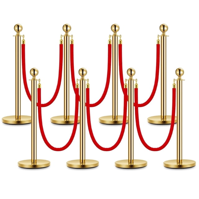 Heavy Duty Gold Stainless Steel Stanchion Set – 8 Posts & 6 Red Soft Fabric Ropes, 37.5" Tall Crowd Control Barrier for Events, Hotels, Museums, VIP Parties, Weighted Base, 5ft Rope