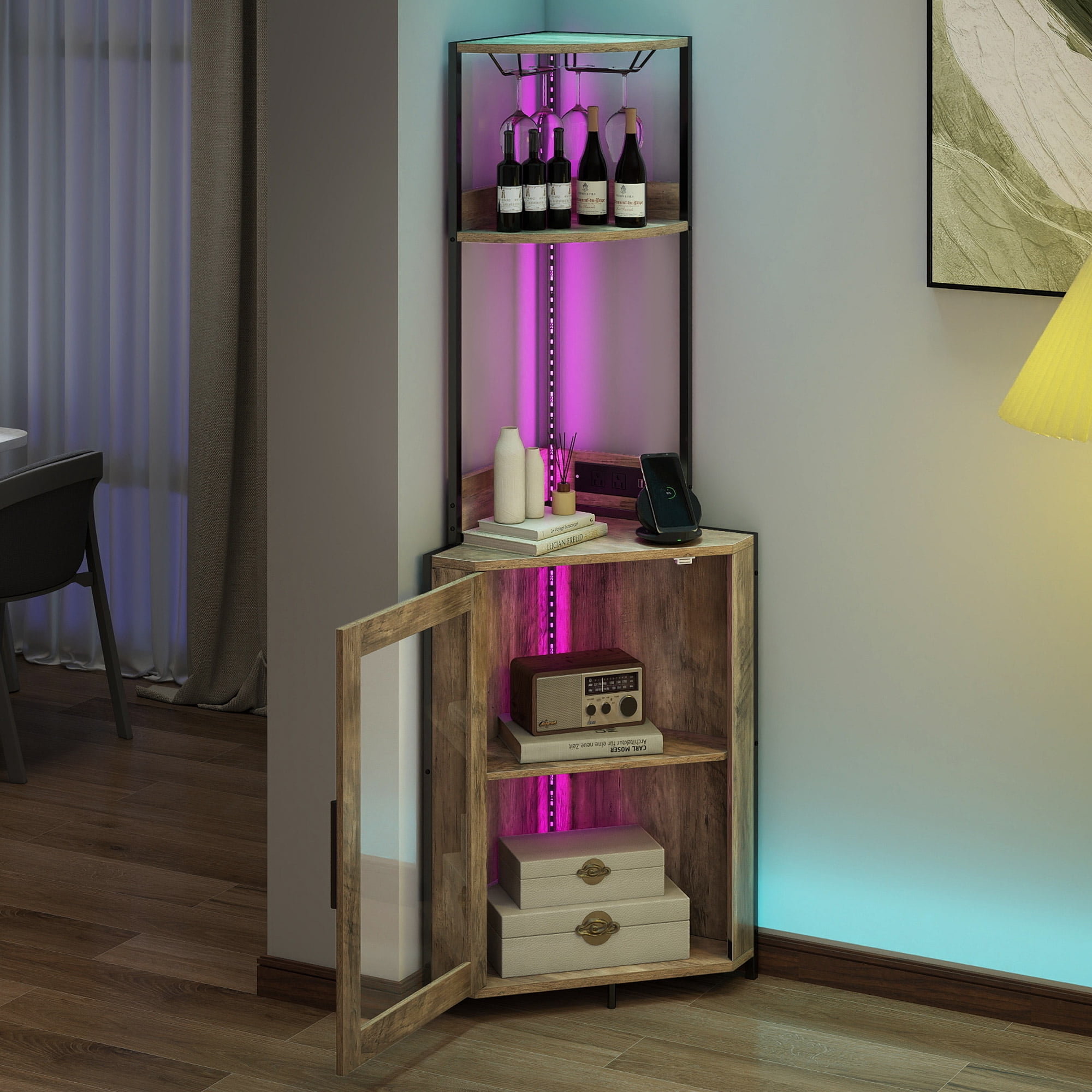 Uforic Corner Shelf with Door& LED Light, 5 Tier Corner Bar Cabinet with Power Outlets& Glass Holder