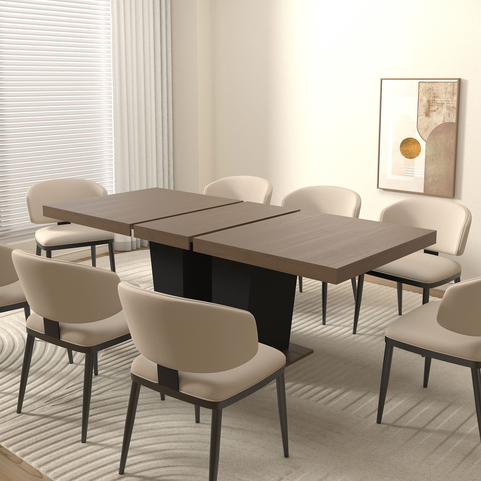 MAYEERTY Expandable Rectangular Dining Table for 6 to 10 People, Extendable Kitchen Dining Table with Hidden Built-in Extension Panel, Sfor Dining Room, Apartment, Kitchen, Family Gathering Furniture