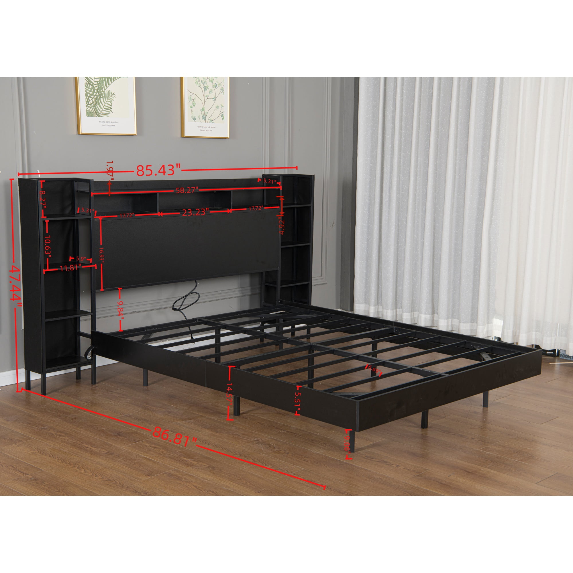 Leumius Queen Size Floating Bed Frame with Storage Headboard and LED Lights,Heavy Duty Metal Platform Bed with USB Charging Station,No Box Spring Needed,Black