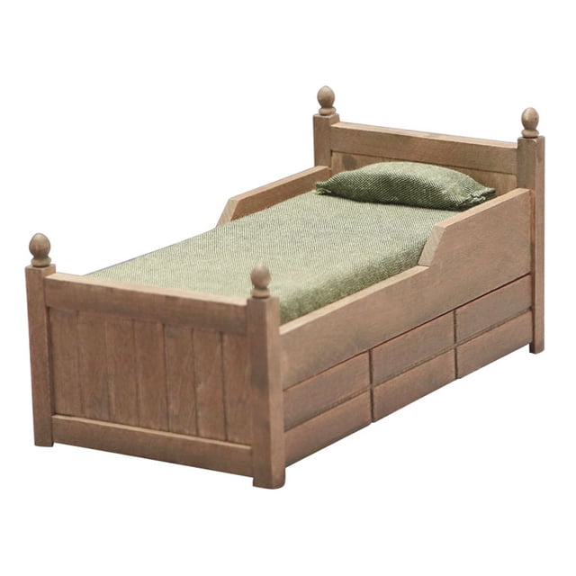 Mueble de casa de muñecas en miniatura, cama de madera vintage con cajón