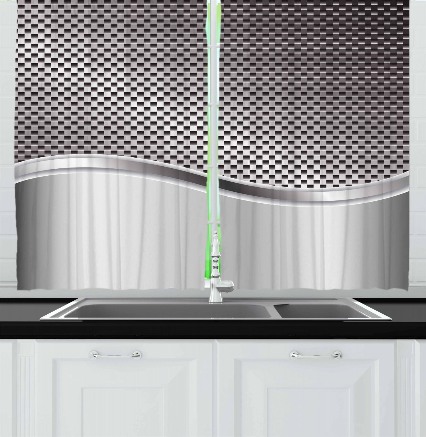 Silver Curtains 2 Panels Set, Technology Structure with Wavy Stripe and Checkered Motif Industrial Grid Print, Window Drapes for Living Room Bedroom, 55W X 39L Inches, Black Silver, by Ambesonne