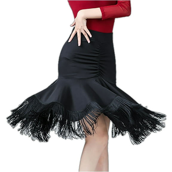 Whitewed Ruffle Fringe Ruching Flare Latin Samba Tango Salsa Bachata Dancing Performance Practice Skirts Black