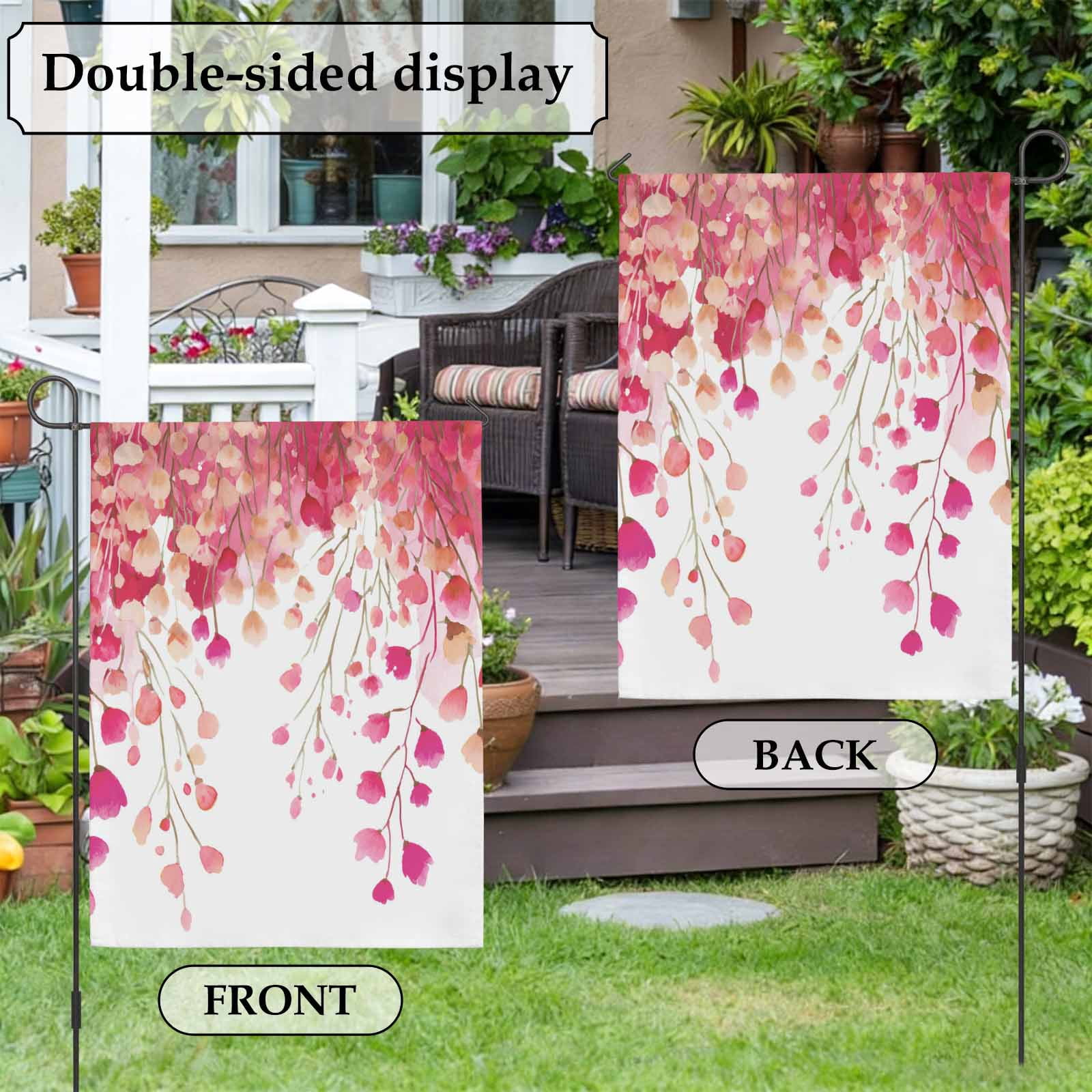 Spring Florals House Flag 28 x 40 Inches, Watercolor Gradient Pink Red Floral Romantic Weather Proof Outdoor Patio Flags Double Sided Small House Decoration for Yard Lawn Outside Home